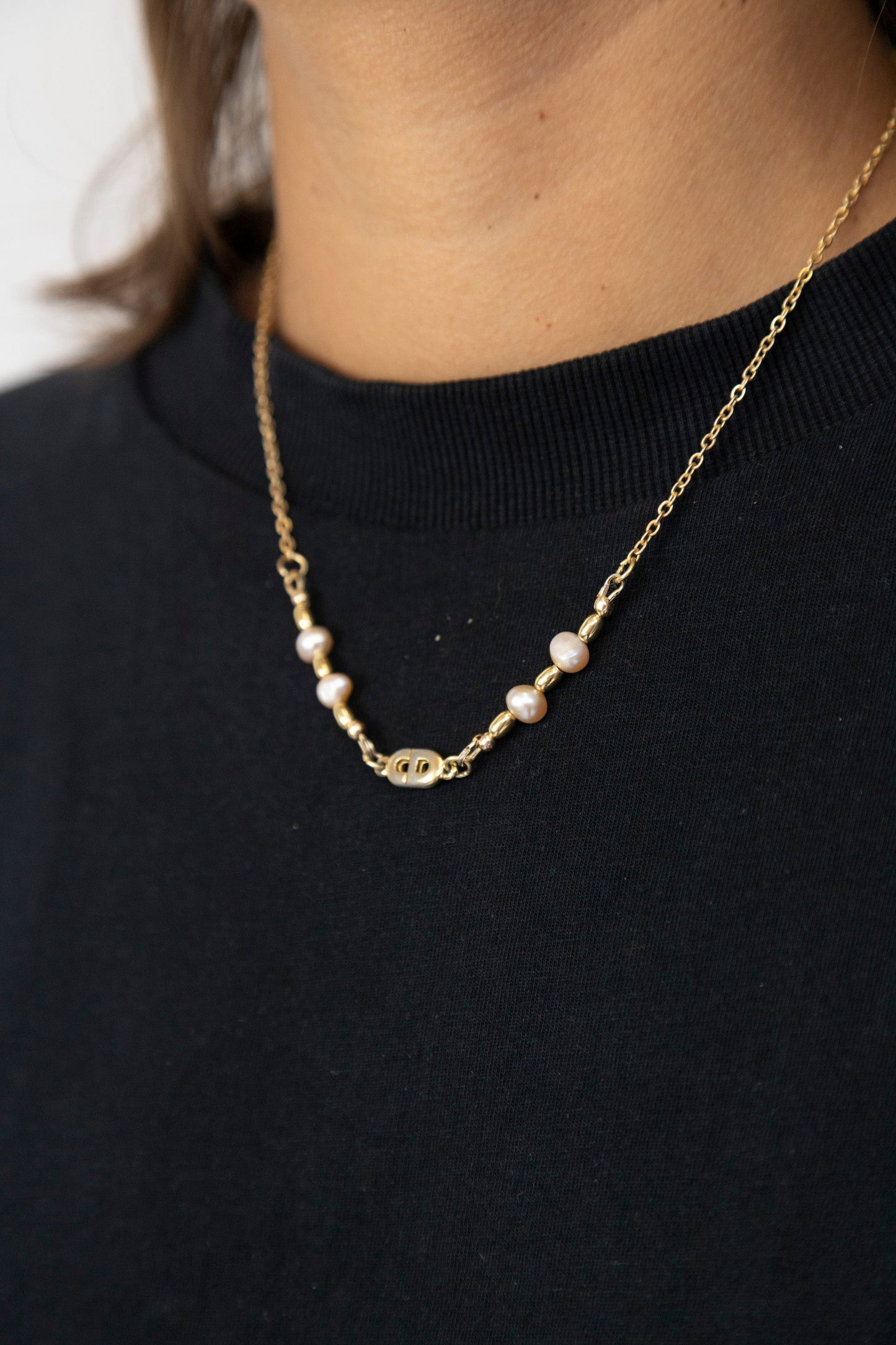 VT Rework: Christian Dior CD Logo Link Pink Pearl Chain Necklace