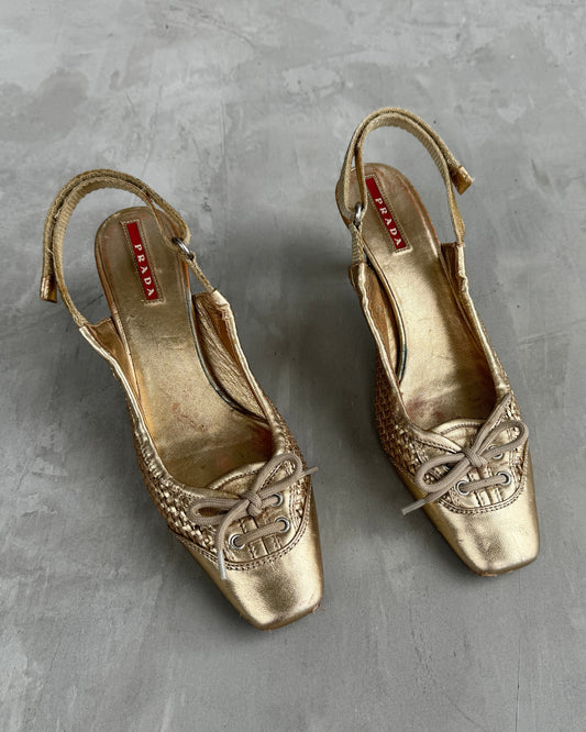 PRADA 2000'S GOLD METALLIC SLING BACK KITTEN HEELS - EU 40 / UK 7