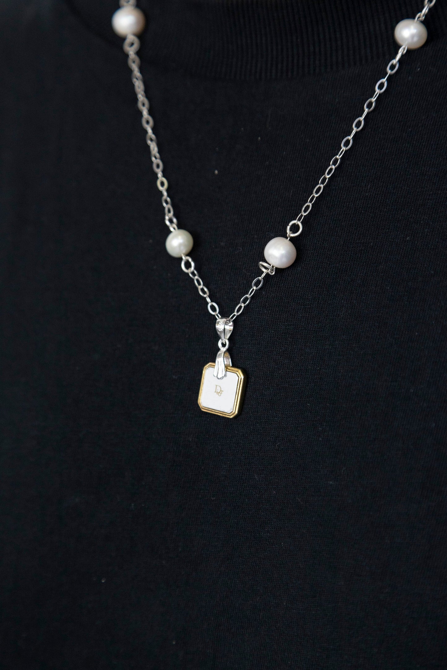 VT Rework: Christian Dior Squared Logo Silver Link Pearl Chain Necklace