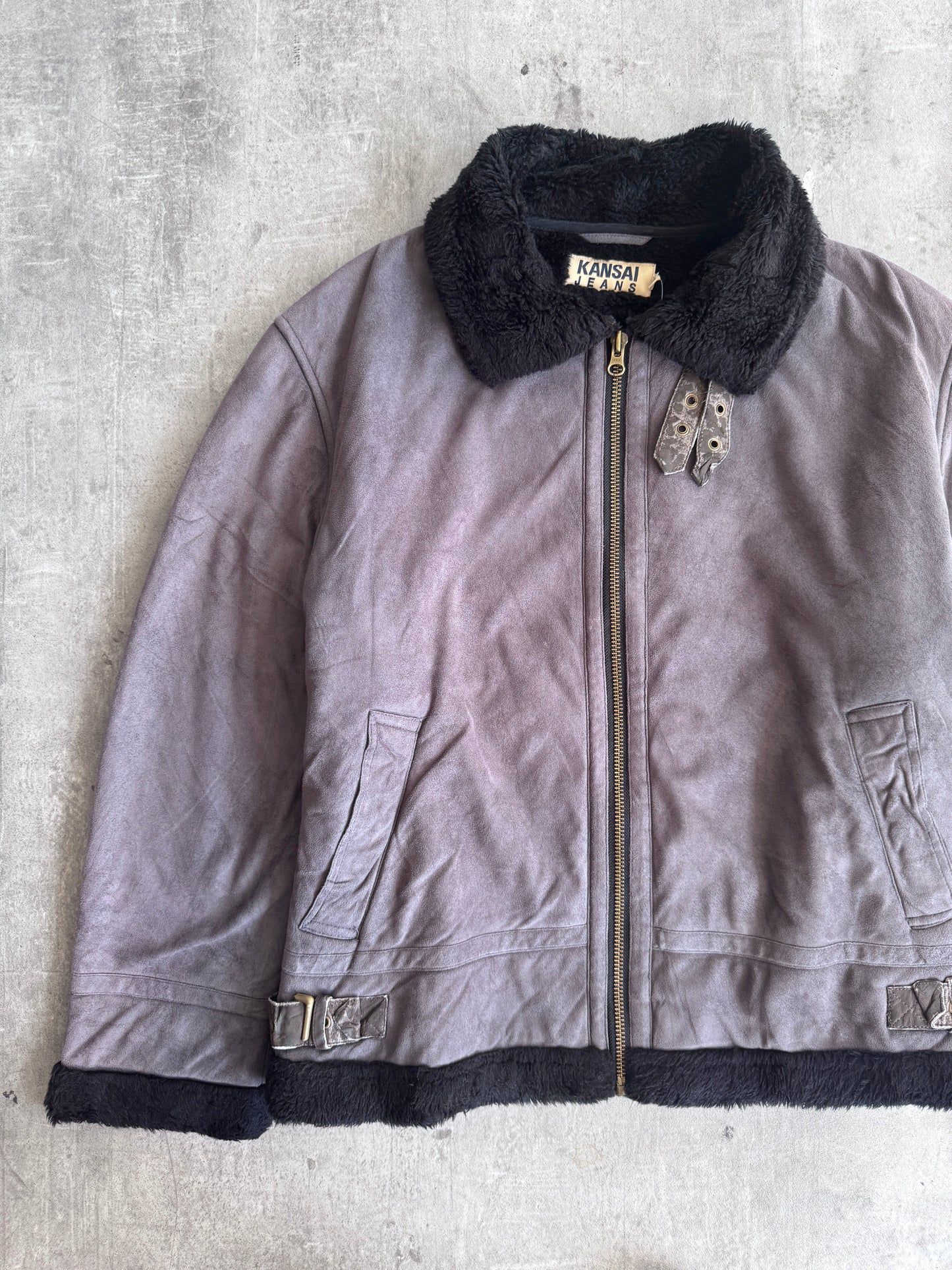 Kansai Jeans Taupe Suede Faux Shearling Jacket | Medium, Multicoloured