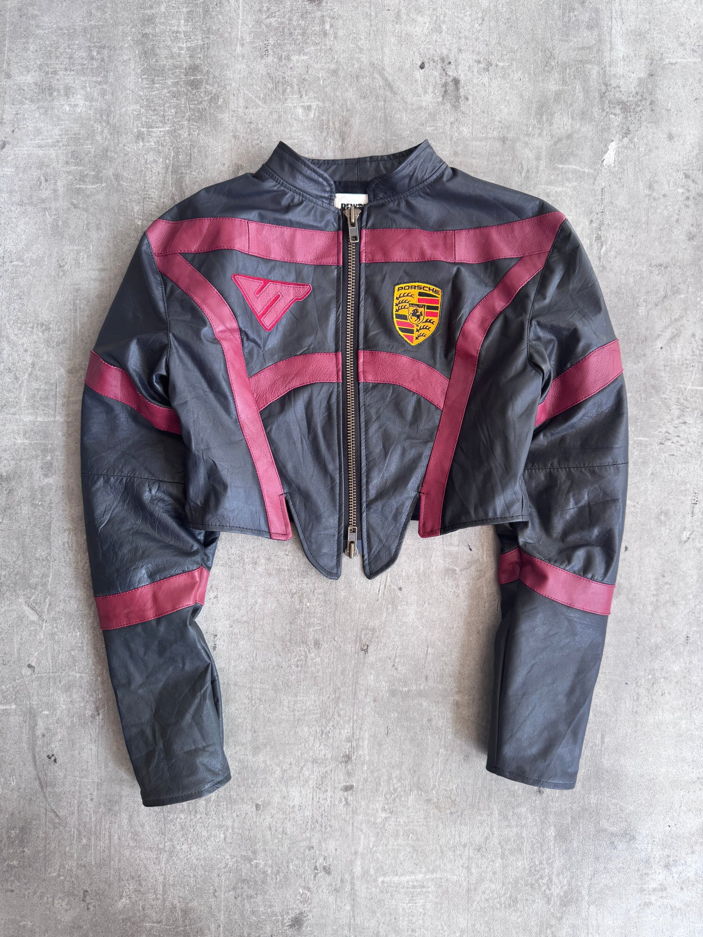VT Rework: Porsche Panelled Cropped Leather Jacket | Extra Small, Multicoloured
