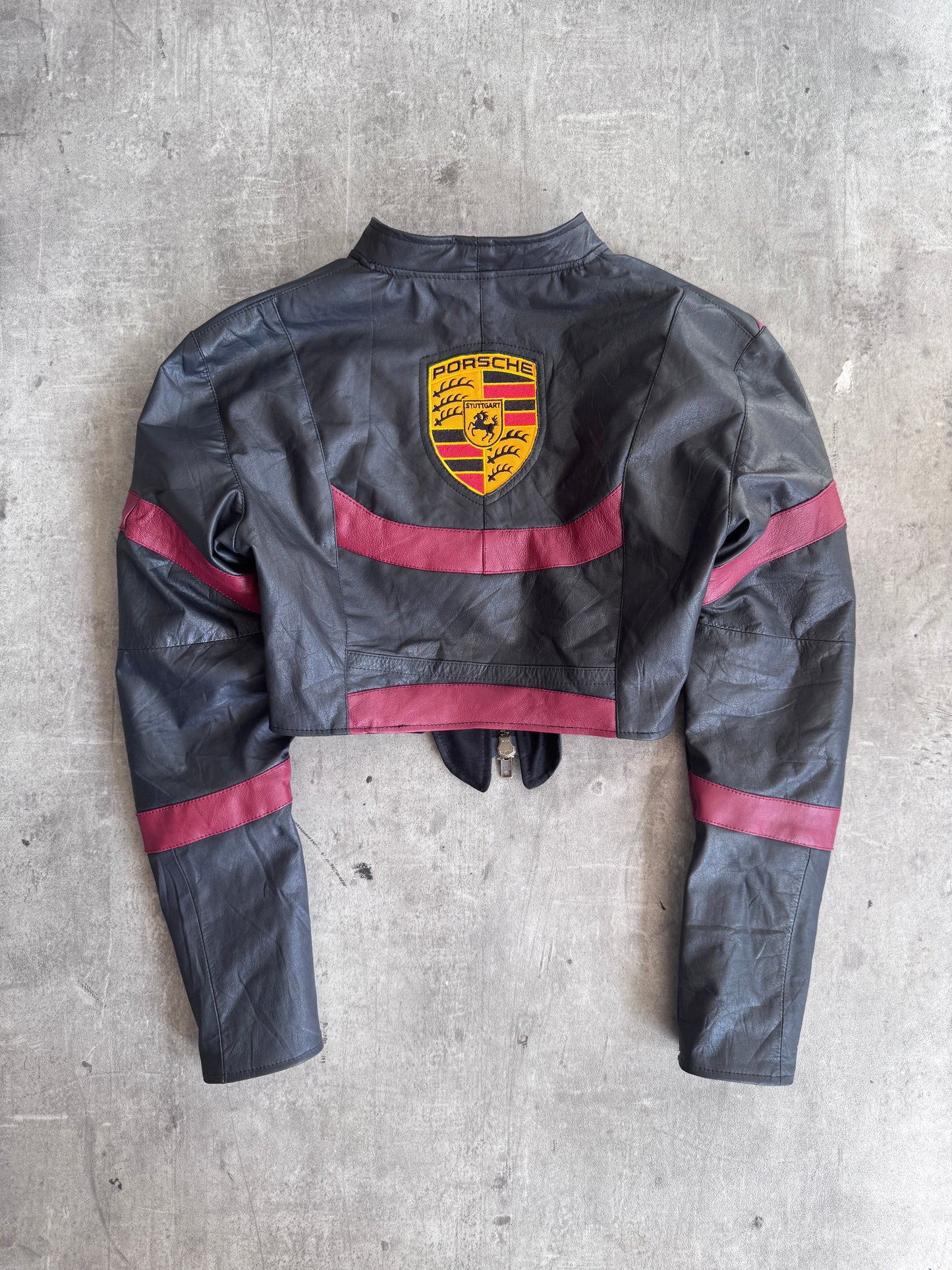 VT Rework: Porsche Panelled Cropped Leather Jacket | Extra Small, Multicoloured