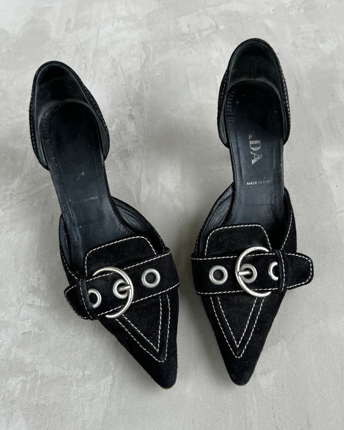 PRADA 2000'S BLACK SUEDE BUCKLE KITTEN HEEL - EU 36.5 / UK 3.5