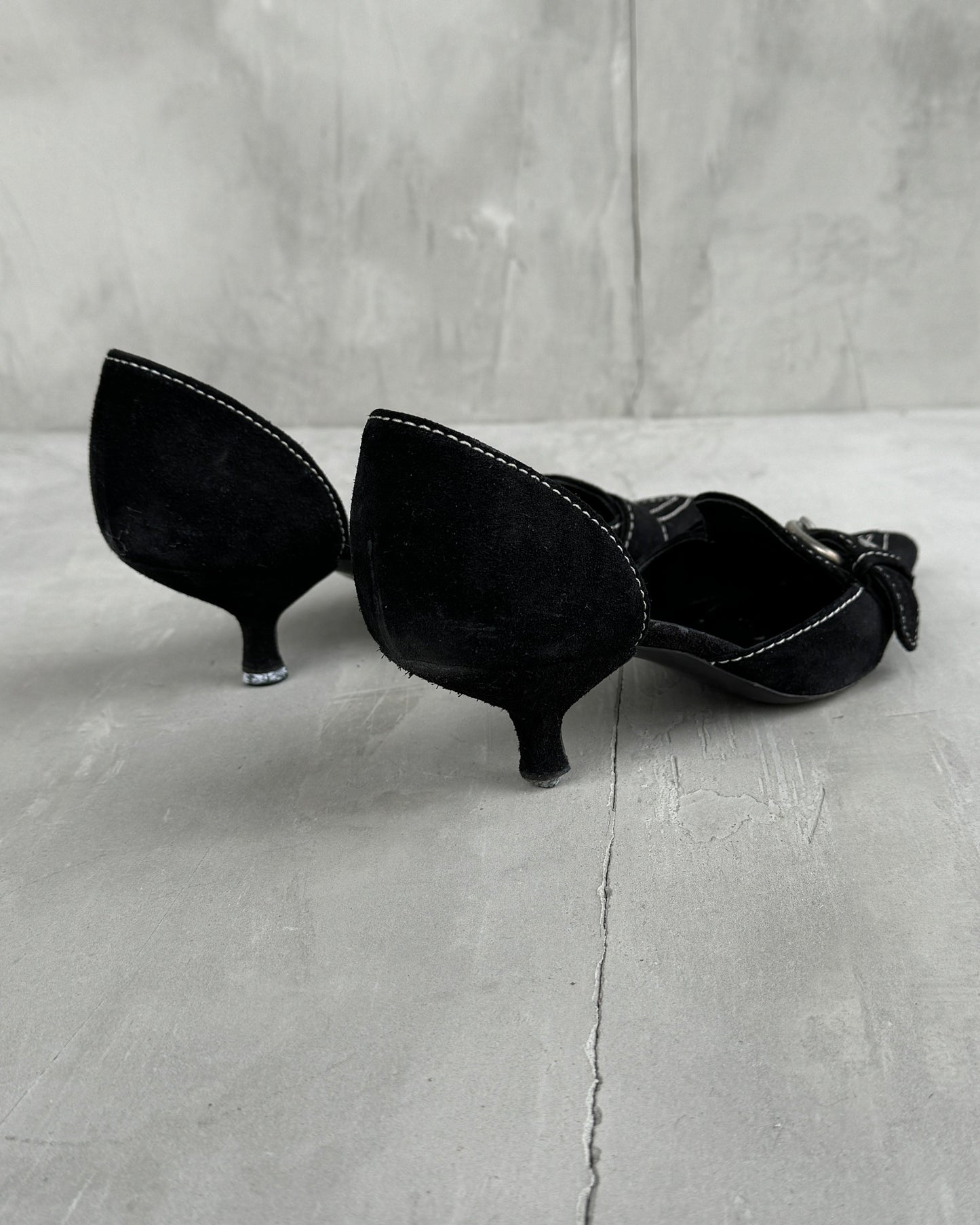 PRADA 2000'S BLACK SUEDE BUCKLE KITTEN HEEL - EU 36.5 / UK 3.5