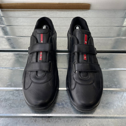 Prada Sport Black 00s Leather Spellout Strap Americas Cup Trainers | LARGE, Black