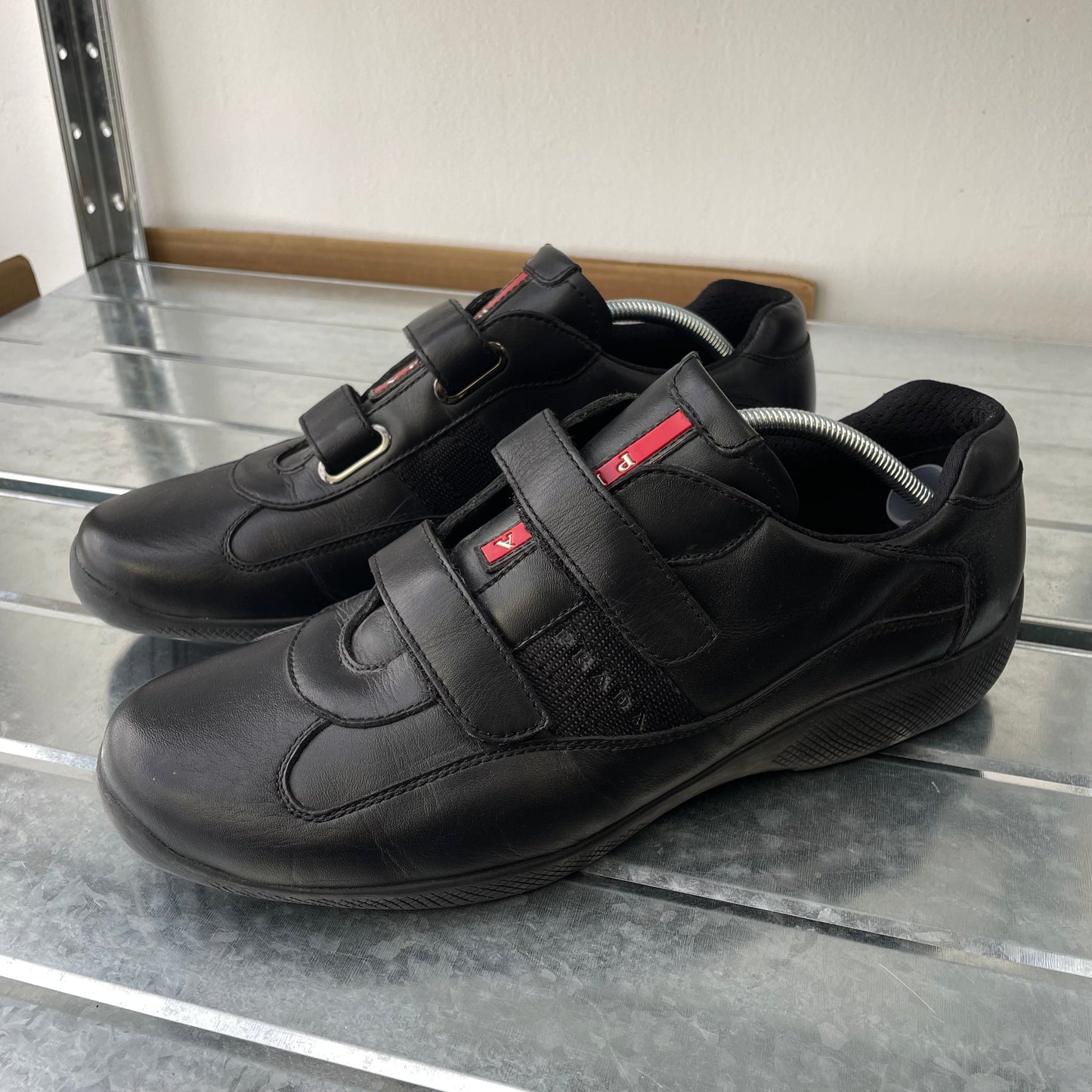 Prada Sport Black 00s Leather Spellout Strap Americas Cup Trainers | LARGE, Black