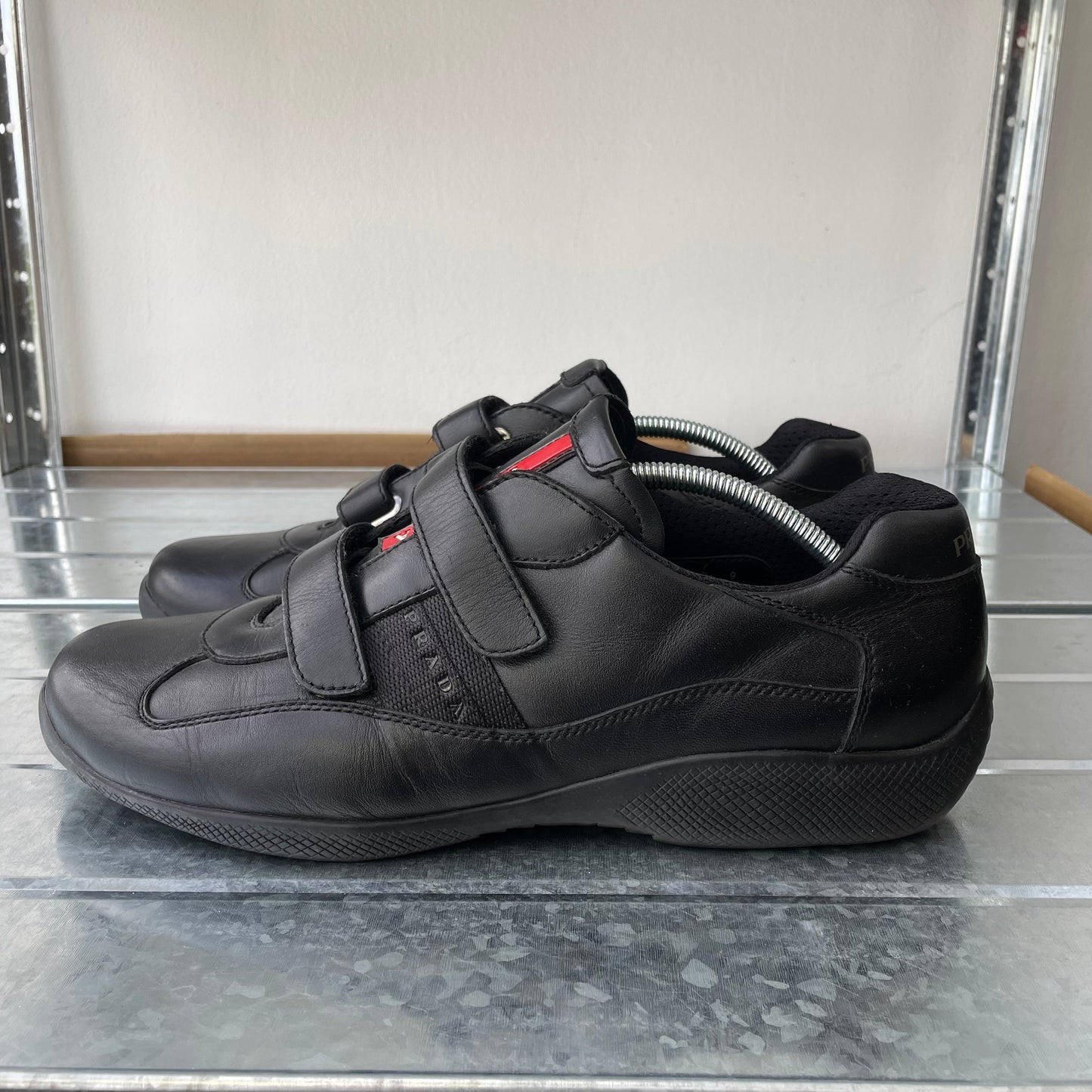 Prada Sport Black 00s Leather Spellout Strap Americas Cup Trainers | LARGE, Black