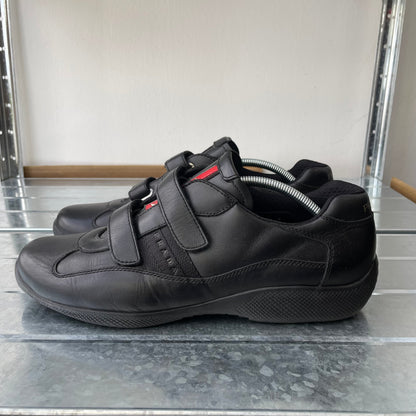Prada Sport Black 00s Leather Spellout Strap Americas Cup Trainers | LARGE, Black