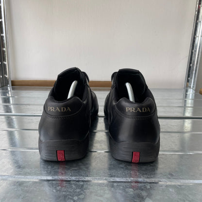 Prada Sport Black 00s Leather Spellout Strap Americas Cup Trainers | LARGE, Black