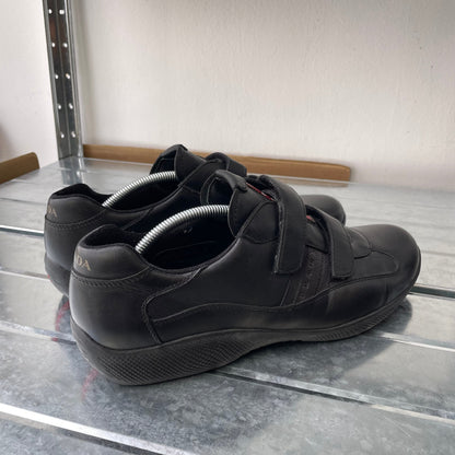 Prada Sport Black 00s Leather Spellout Strap Americas Cup Trainers | LARGE, Black