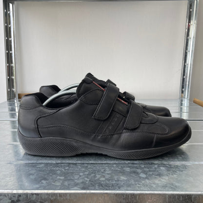 Prada Sport Black 00s Leather Spellout Strap Americas Cup Trainers | LARGE, Black
