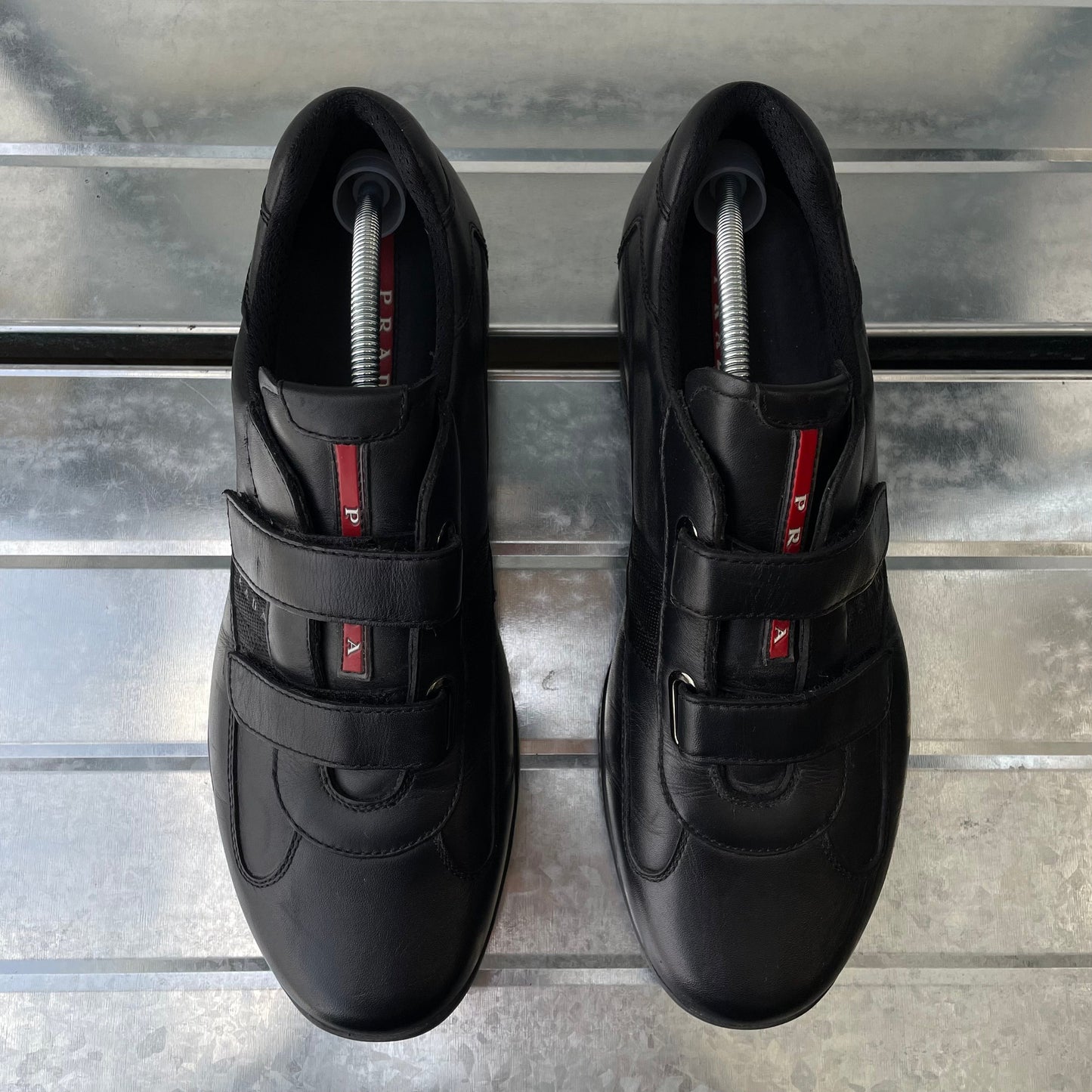 Prada Sport Black 00s Leather Spellout Strap Americas Cup Trainers | LARGE, Black
