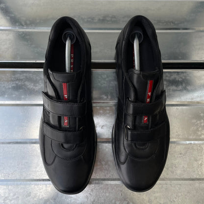 Prada Sport Black 00s Leather Spellout Strap Americas Cup Trainers | LARGE, Black
