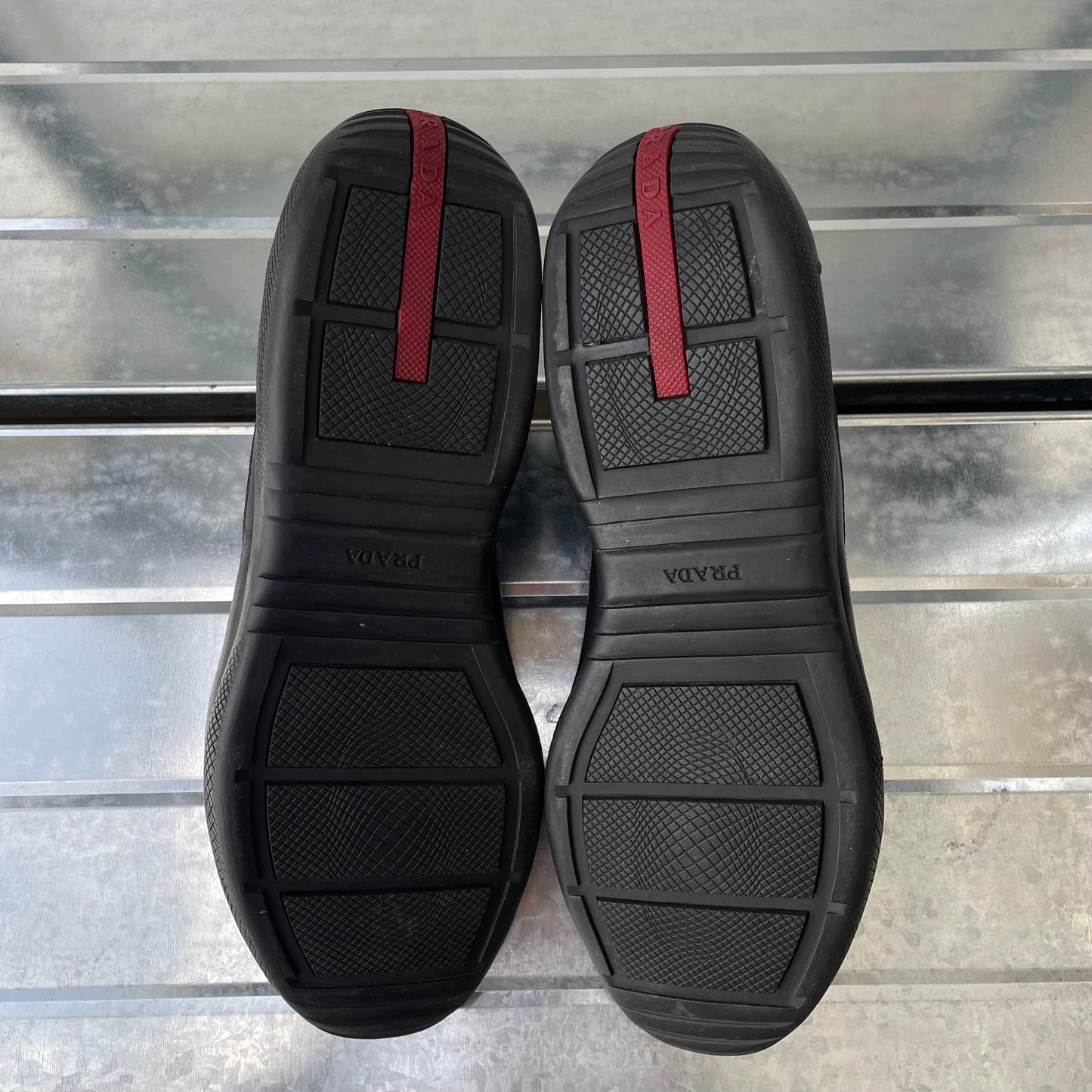 Prada Sport Black 00s Leather Spellout Strap Americas Cup Trainers | LARGE, Black