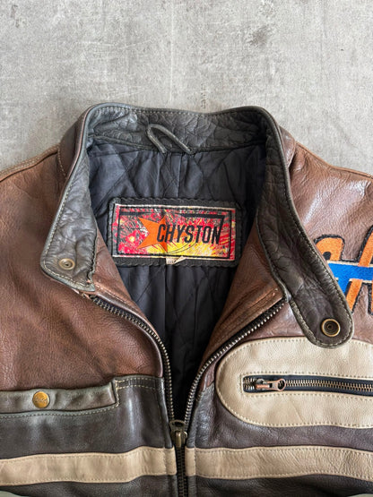 1980's Chyston Patch Embellished Leather Moto Jacket | Extra Extra Large, Brown