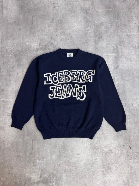 ICEBERG 1994 Jeans Navy Logo Lana Wool Knit Crewneck Sweater