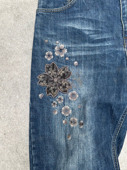 Karakuri Mid Wash Floral Japanese Denim