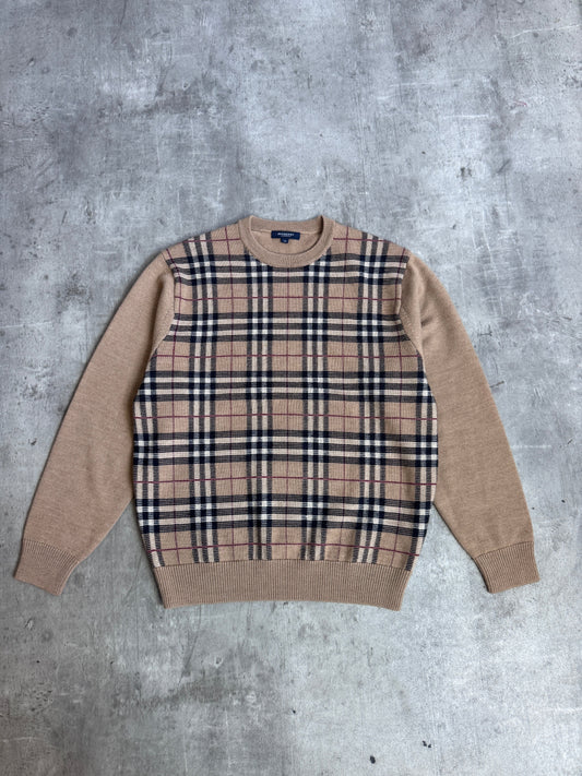 Burberry Beige Classic Check Cashmere Wool Blend Crewneck