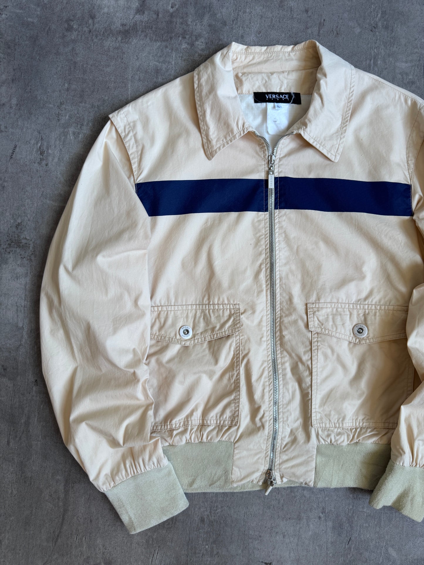 1990's Versace Sport Navy Stripe Structured Work Blouson | Medium, Multicoloured