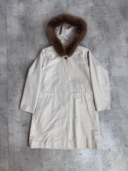 Burberry Cream Classic Check Lined Cinch Waist Rabbit Fur Lined Hood Parka