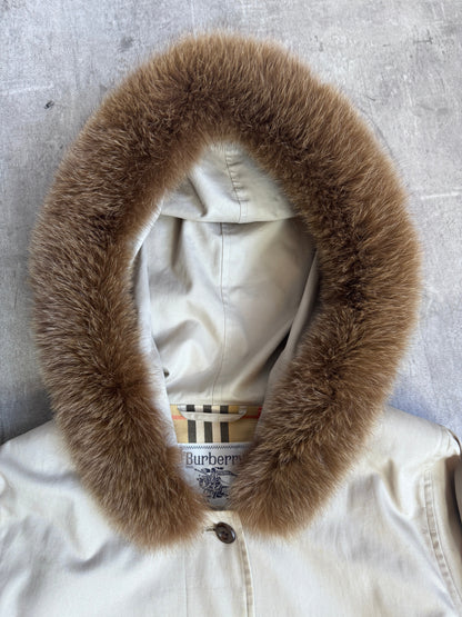 Burberry Cream Classic Check Lined Cinch Waist Rabbit Fur Lined Hood Parka
