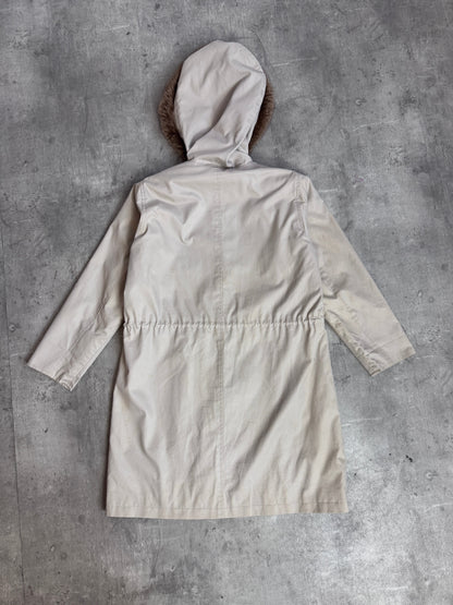 Burberry Cream Classic Check Lined Cinch Waist Rabbit Fur Lined Hood Parka