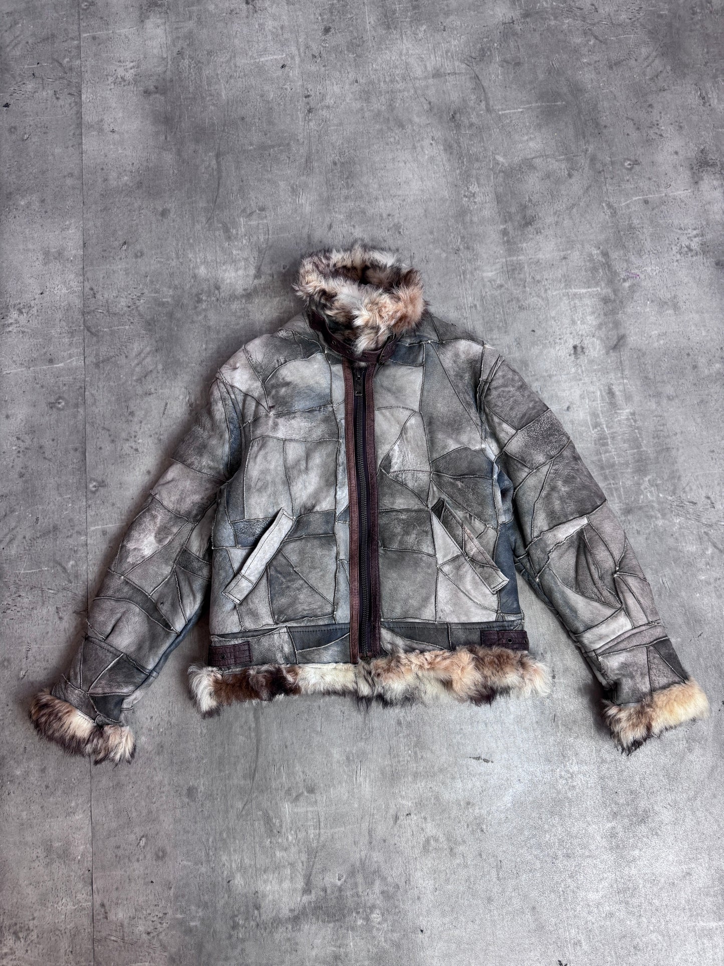 Avirex Type B-3 Grey Patchwork Leather Faux Fur Lined Shearling Coat