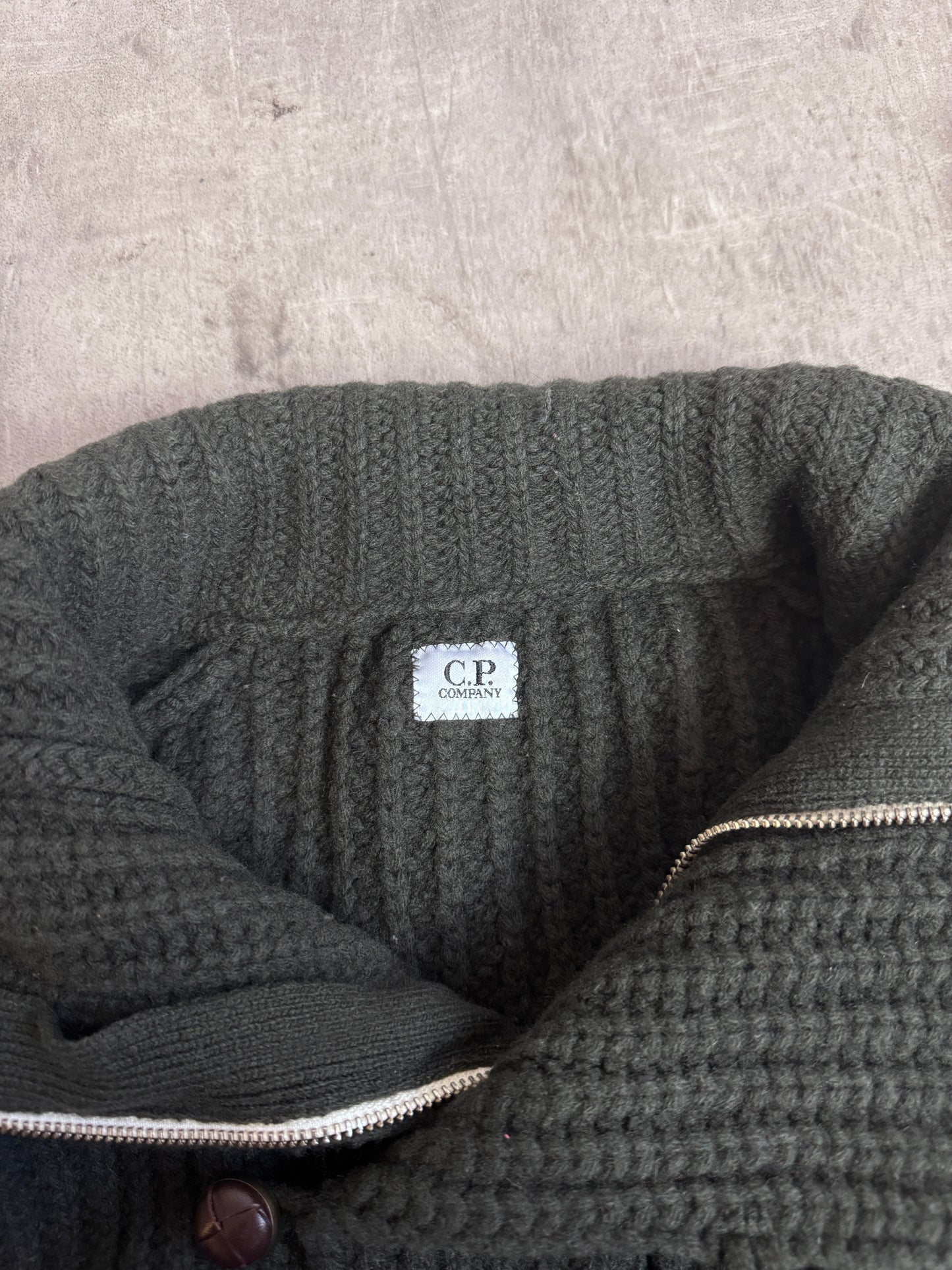 A/W 09' C.P. Company Military Green Lana Wool Rib Knit Asymmetric Button Up Sweater