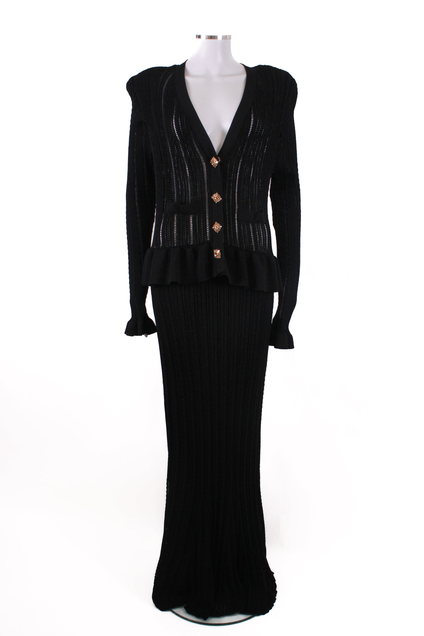 Self Portrait L/S Knit Peplum Dress Black L | O/S, Black
