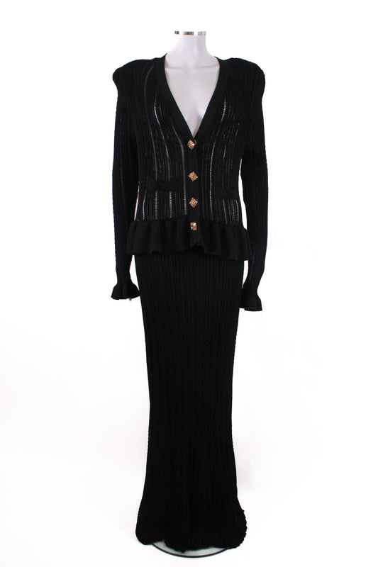 Self Portrait L/S Knit Peplum Dress Black L | O/S, Black
