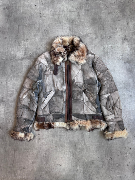 Avirex Type B-3 Grey Patchwork Leather Faux Fur Lined Shearling Coat