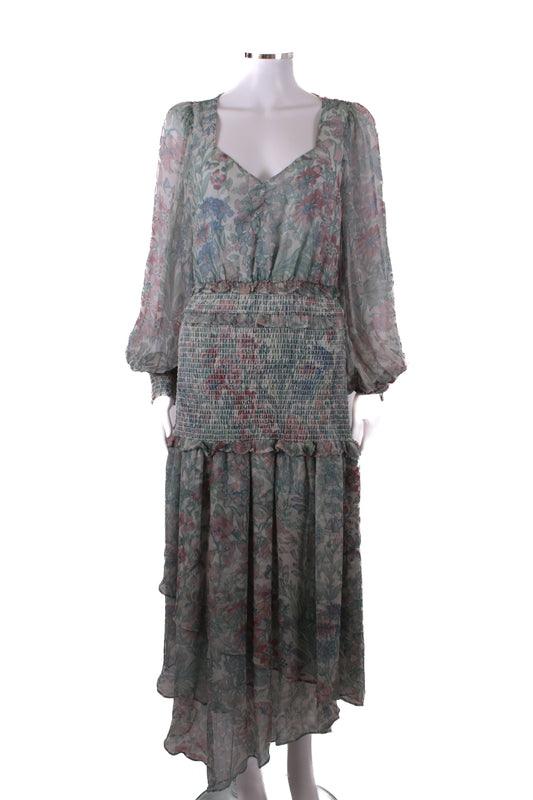 Love Shack Fancy L/S Floral Print Dress Green/ Pink S | O/S, Green