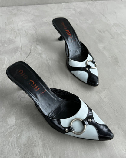 MIU MIU 90'S BONDAGE LEATHER & CHROME KITTEN HEEL MULES - EU 39 / UK 6 | UK 6, Black