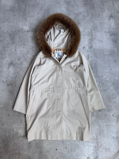 Burberry Cream Classic Check Lined Cinch Waist Rabbit Fur Lined Hood Parka