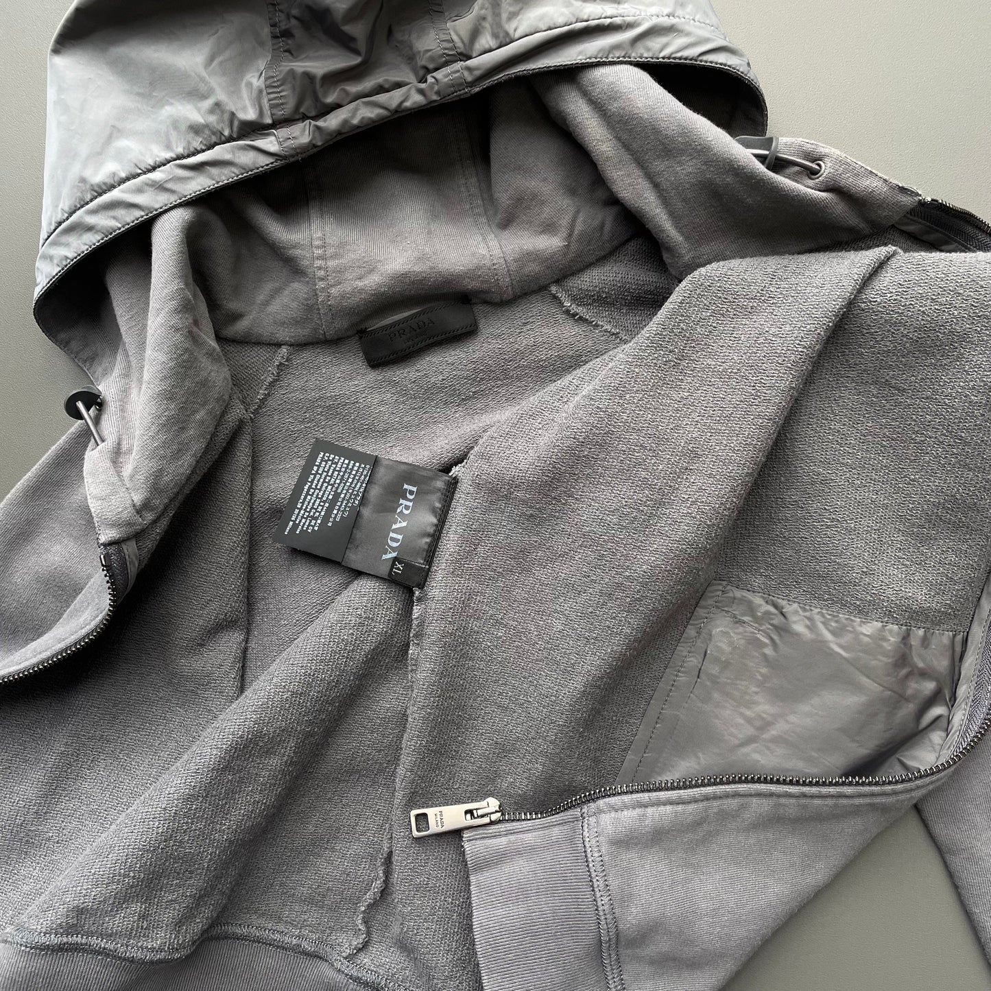 Prada Sport Grey 2019 Nylon Hood Zip-Through Hoodie | Large, Grey