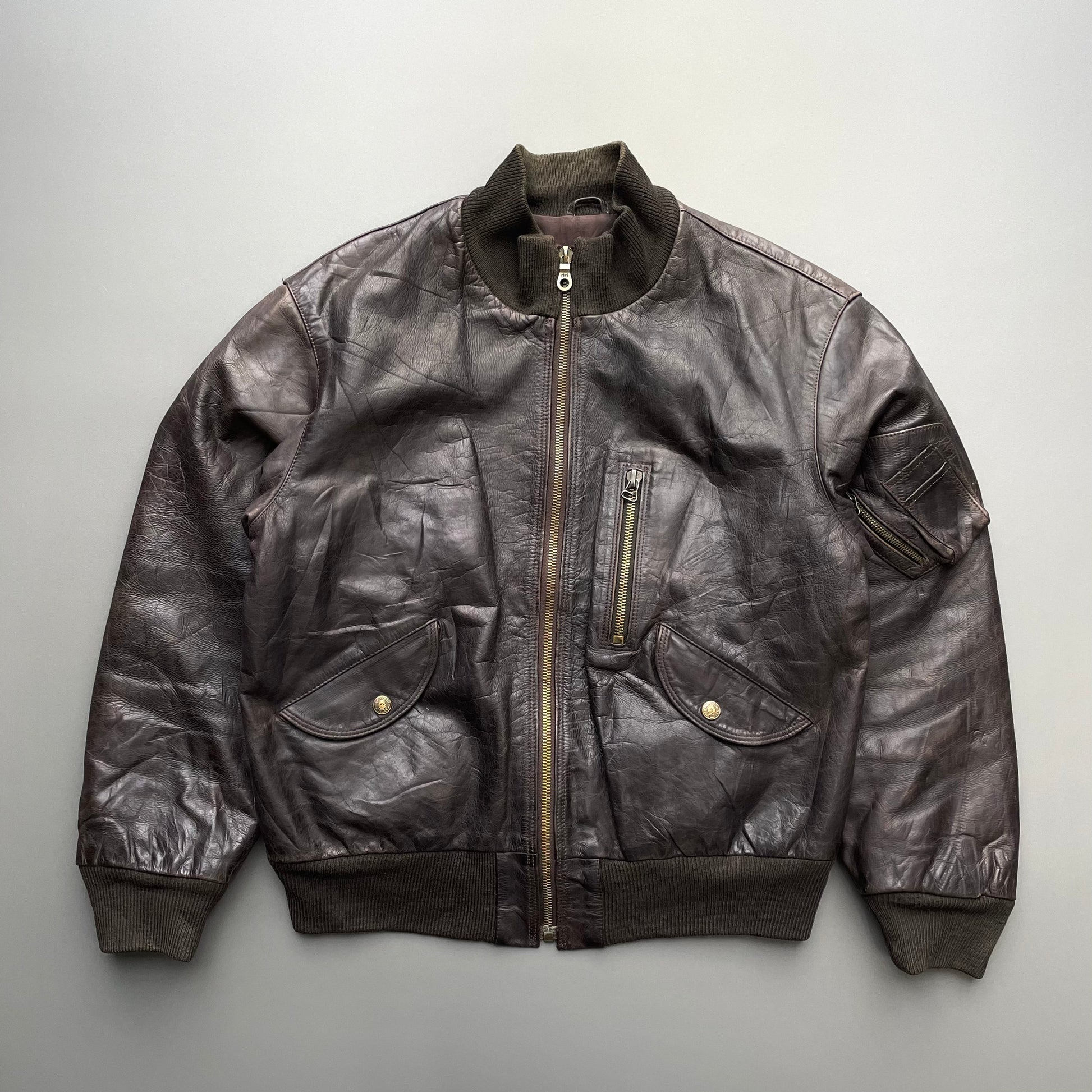 Armani Jeans Brown 90s Leather Bomber Jacket | X-Large, Brown