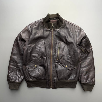 Armani Jeans Brown 90s Leather Bomber Jacket | X-Large, Brown