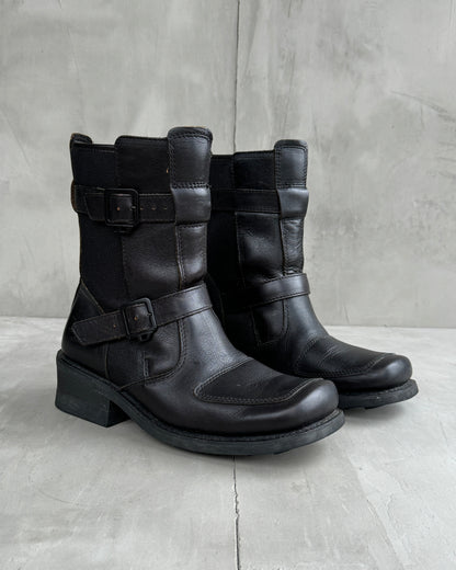 DIESEL 2000'S SQUARE TOE BUCKLE UP LEATHER BOOTS - EU 42 / UK 8