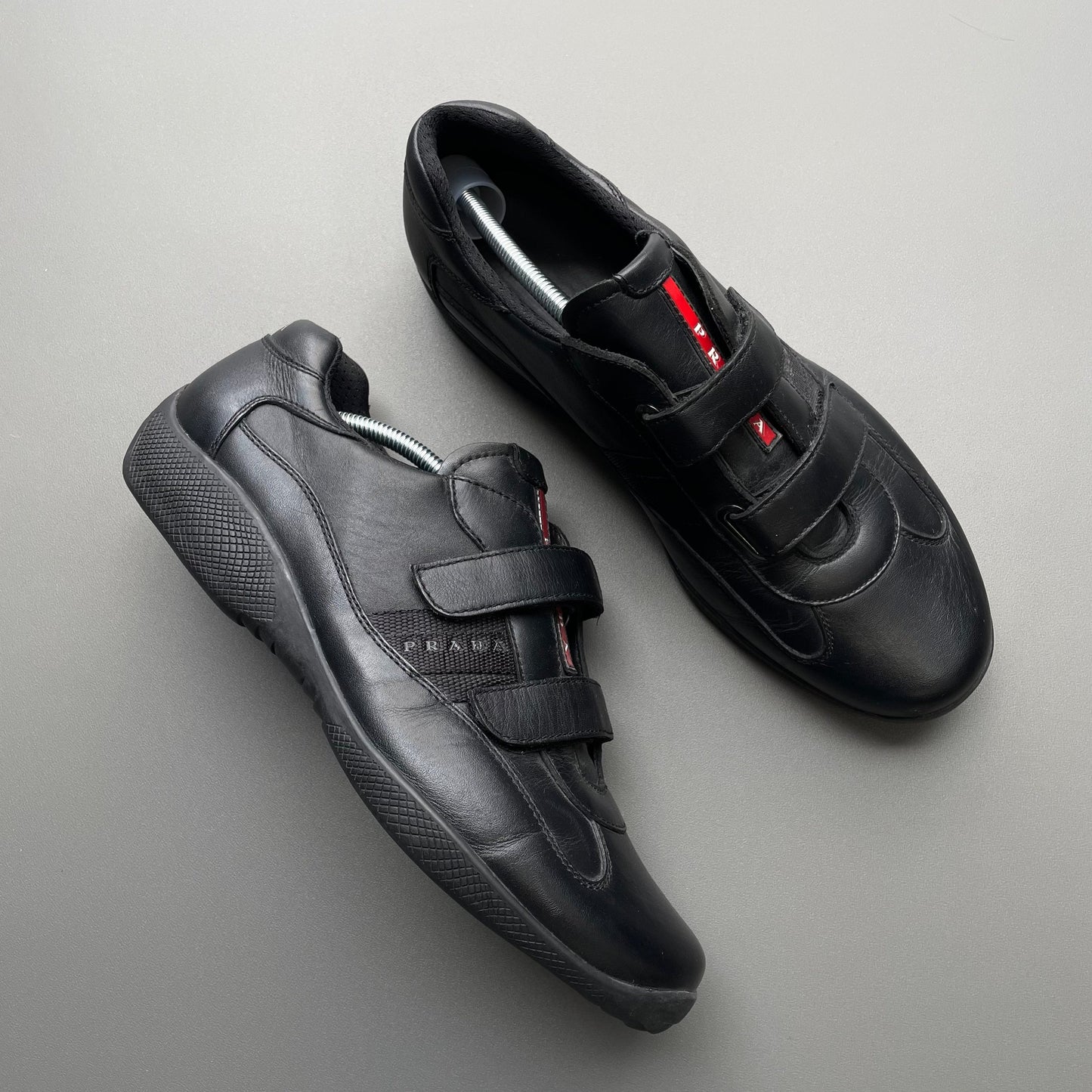 Prada Sport Black 00s Leather Spellout Strap Americas Cup Trainers | LARGE, Black