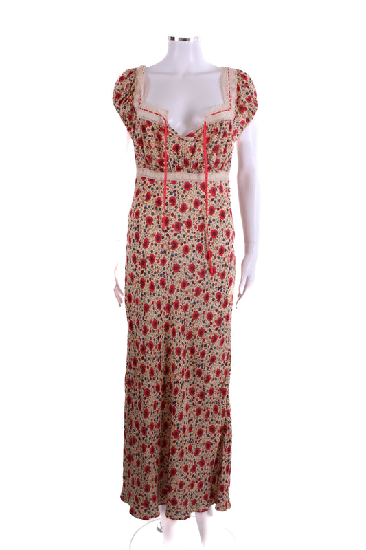 Rixo S/S Floral Lace Trim Dress Beige/ Red 10 | O/S, Beige