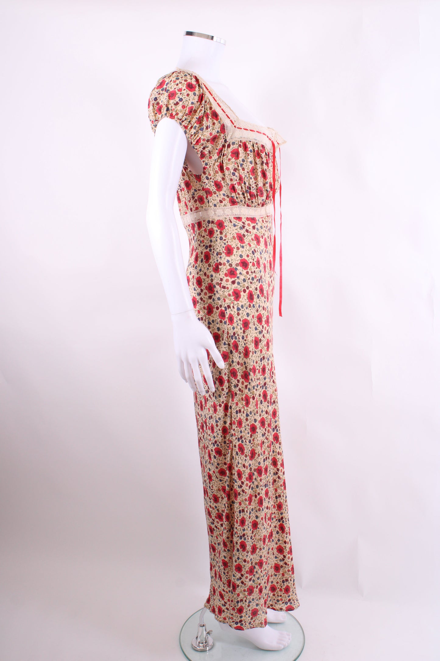 Rixo S/S Floral Lace Trim Dress Beige/ Red 10 | O/S, Beige