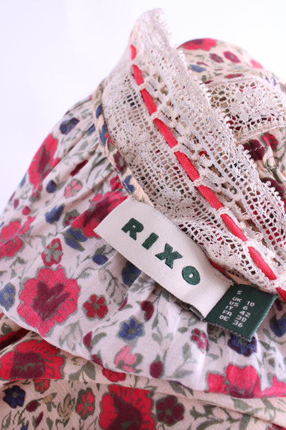 Rixo S/S Floral Lace Trim Dress Beige/ Red 10 | O/S, Beige