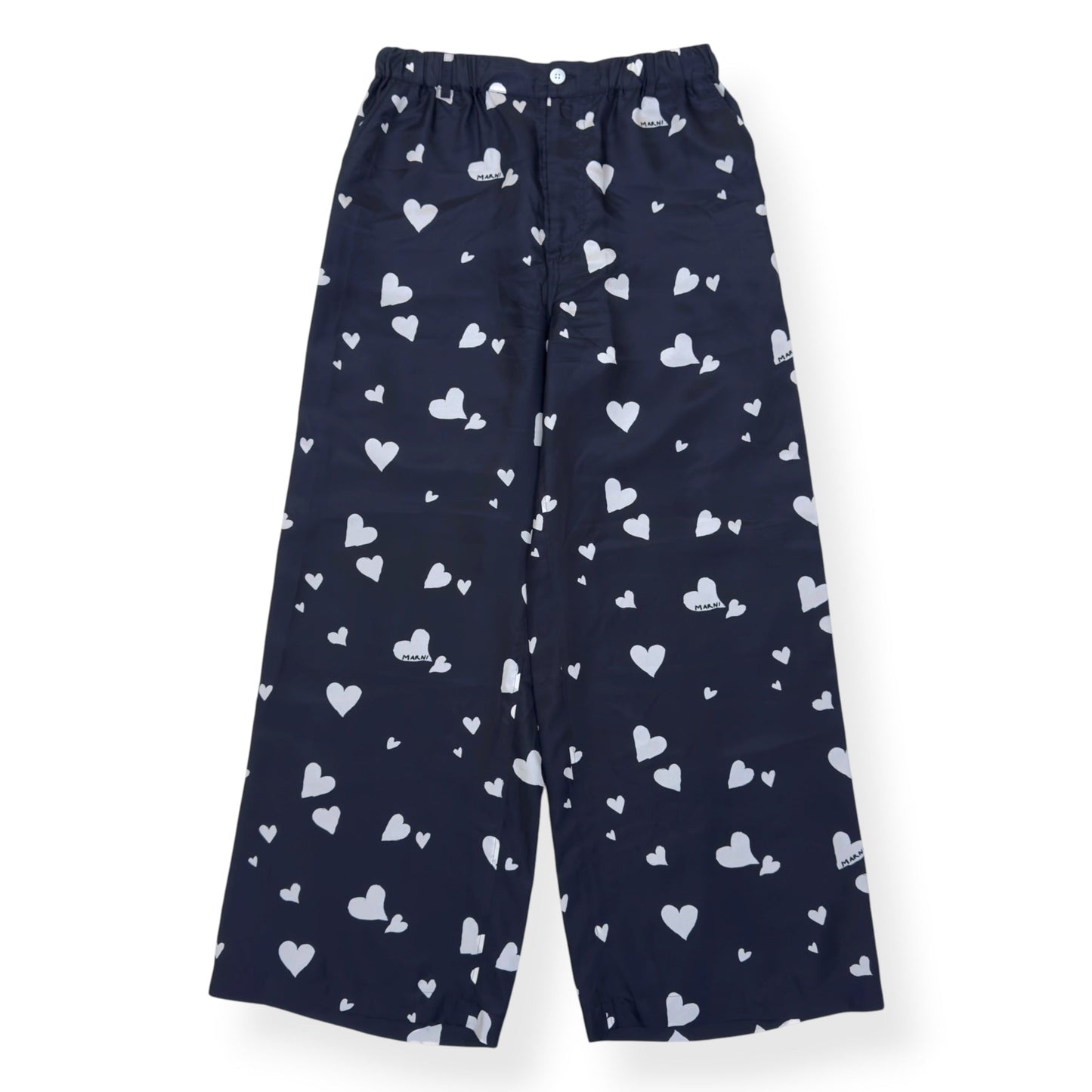 MARNI HEART PRINT SILK TROUSERS NAVY SIZE 50 / L | Large, Navy