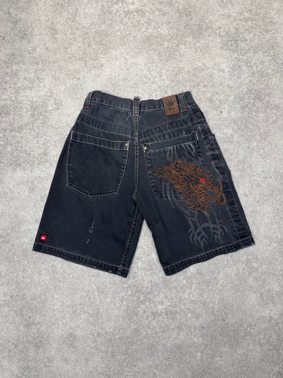 JNCO Jeans Fire Embroidered Black Denim Jorts