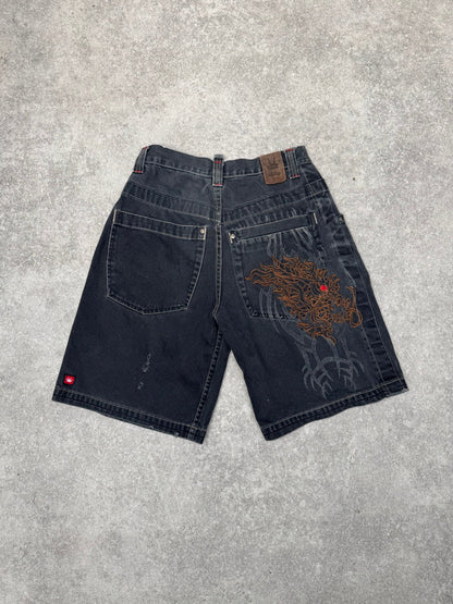 JNCO Jeans Fire Embroidered Black Denim Jorts