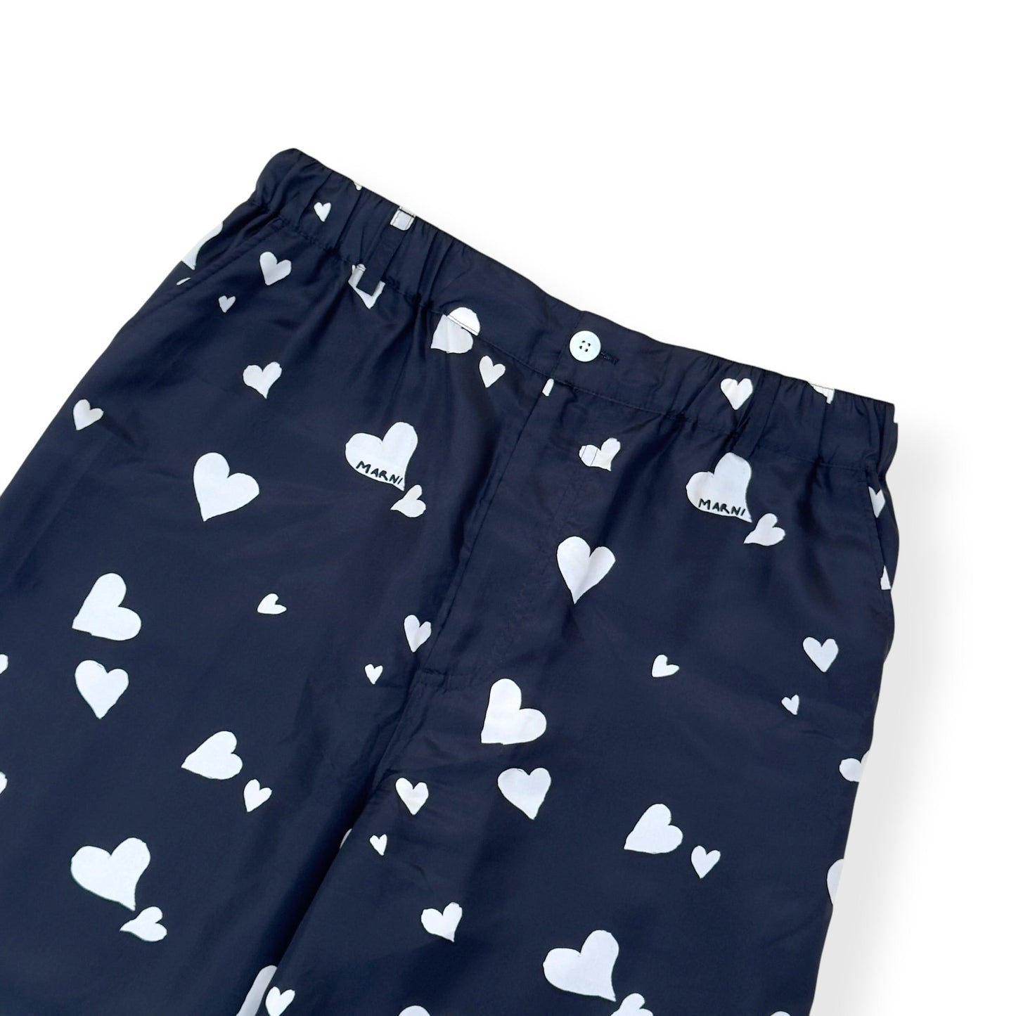 MARNI HEART PRINT SILK TROUSERS NAVY SIZE 50 / L | Large, Navy