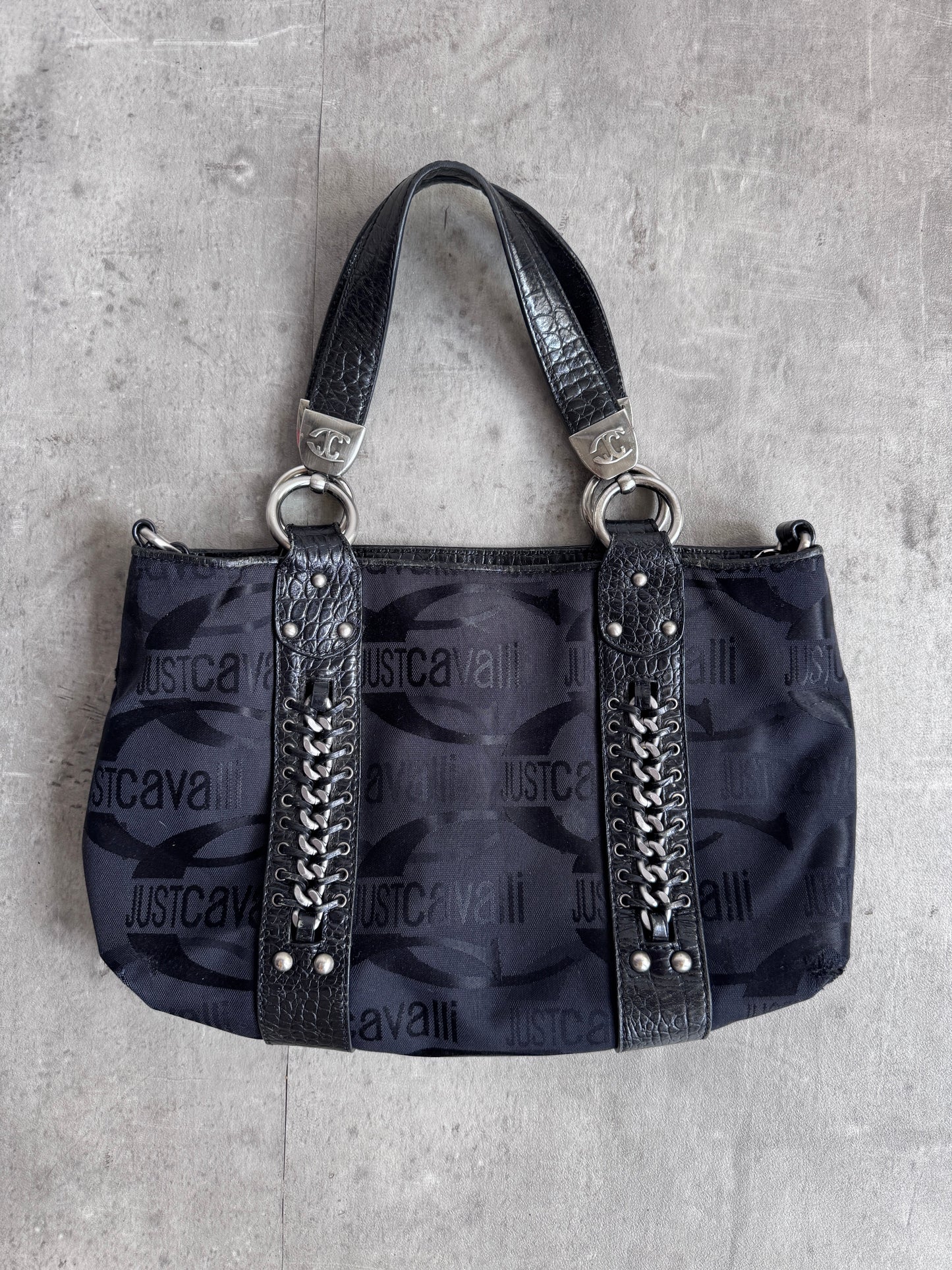 Just Cavalli Chain Black Canvas Leather Handle Hand Bag