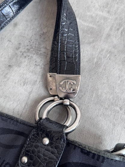 Just Cavalli Chain Black Canvas Leather Handle Hand Bag