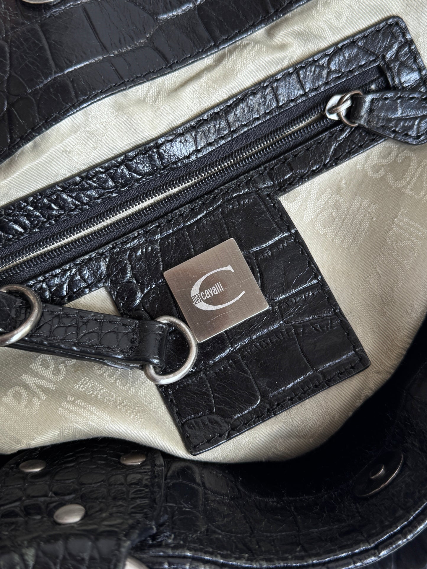 Just Cavalli Chain Black Canvas Leather Handle Hand Bag