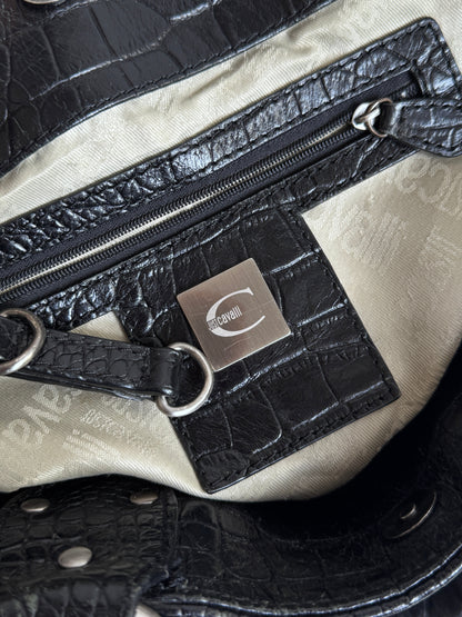 Just Cavalli Chain Black Canvas Leather Handle Hand Bag